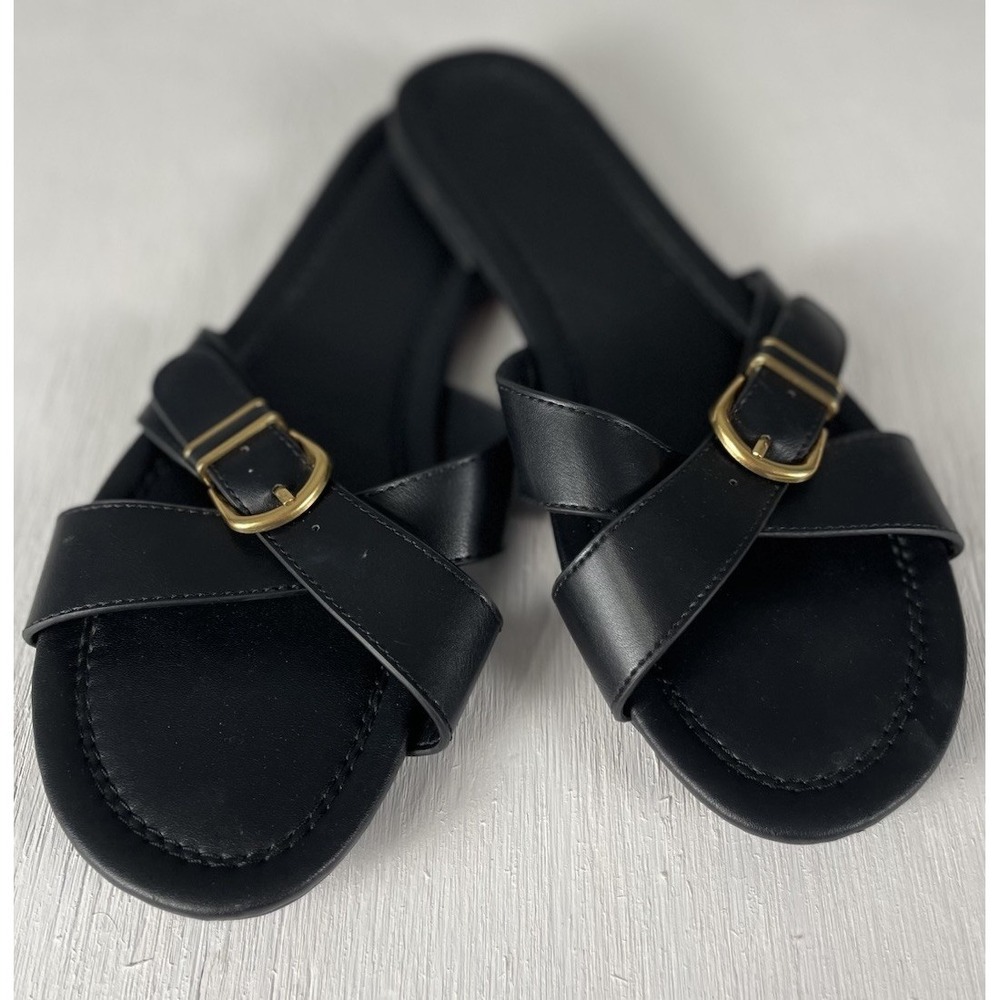 H&M Women's Slide Sandals Size‎ 39 US 8 Black Gold Buckle - Picture 8 of 9